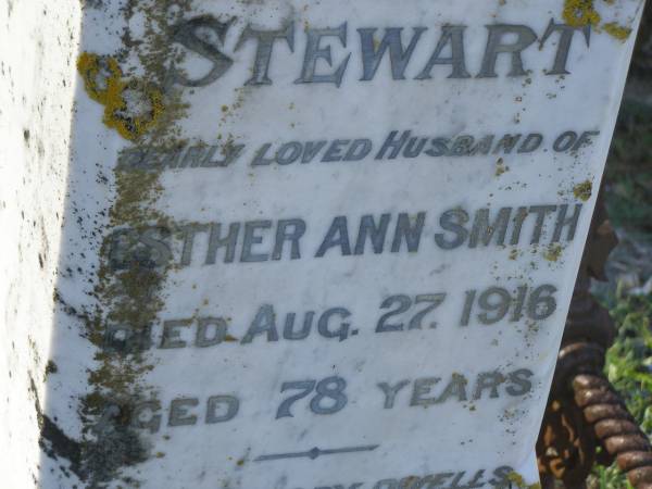 Stewart,  | husband of Esther Ann SMITH,  | died 27 Aug 1916 aged 78 years;  | Tea Gardens cemetery, Great Lakes, New South Wales  | 