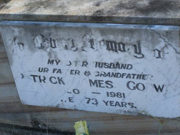 Patrick James GODWIN,  | husband father grandfather,  | 1908 - 1981 aged 73 years;  | Tea Gardens cemetery, Great Lakes, New South Wales  | 