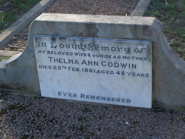 Thelma Ann GODWIN,  | wife motehr,  | died 25 Feb 1961 aged 48 years;  | Tea Gardens cemetery, Great Lakes, New South Wales  | 