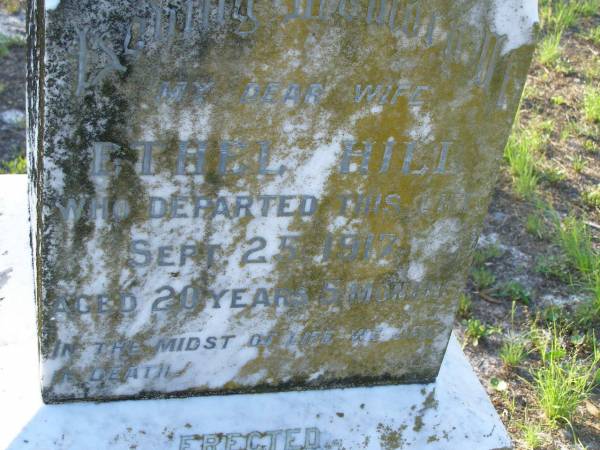 Ethel HILL,  | wife,  | died 2 Sept 1917 aged 20 years 5 months;  | Tea Gardens cemetery, Great Lakes, New South Wales  | 
