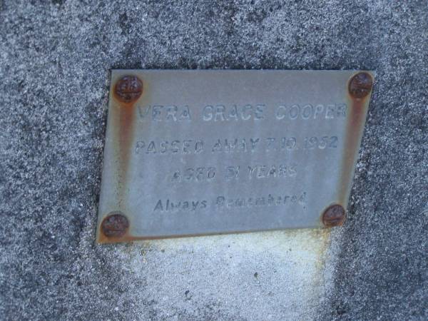 Vera Grace COOPER,  | died 7-10-1952 aged 51 years;  | Tea Gardens cemetery, Great Lakes, New South Wales  | 