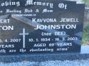 John Robert JOHNSTON, dad, 13-12-1923 - 30-4-2007 aged 83 years; Kavvona Jewell JOHNSTONE (nee DEE), mum, 10-1-1934 - 16-3-2003 aged 69 years; Tea Gardens cemetery, Great Lakes, New South Wales 