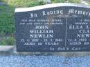 John William NEWLIN, husband father pop great-grandfather, 12-4-1922 - 22-3-2005 aged 82 years; Ella Lucinda Claire NEWLIN, wife mother nana, 14-2-1927 - 9-6-1996 aged 69 years; Tea Gardens cemetery, Great Lakes, New South Wales 
