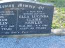 
John William NEWLIN,
husband father pop great-grandfather,
12-4-1922 - 22-3-2005 aged 82 years;
Ella Lucinda Claire NEWLIN,
wife mother nana,
14-2-1927 - 9-6-1996 aged 69 years;
Tea Gardens cemetery, Great Lakes, New South Wales
