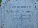 Eva Barbara ZEININGER, died 29 Oct 1894 aged 83 years; Tea Gardens cemetery, Great Lakes, New South Wales 
