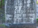 Eliza ENGEL, mother, died 14 June 1939 aged 80 years; Gustav William ENGEL, died 10 Nov 1916 aged 68 years 7 months; Tea Gardens cemetery, Great Lakes, New South Wales 