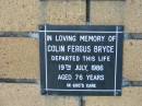 
Colin Fergus BRYCE
19 Jul 1986
aged 76

The Gap Uniting Church, Brisbane
