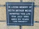 
Keith Arthur WEISE
13 Jul 1990
aged 53

The Gap Uniting Church, Brisbane

