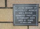 Beverley Agnes MELROSE 10 Feb 2004 aged 67  The Gap Uniting Church, Brisbane 