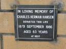 Charles Herman HANSEN 18 Sep 1986 aged 83  The Gap Uniting Church, Brisbane 