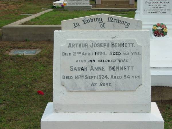 Arthur Joseph BENNETT  | 2 Apr 1924  | aged 63  |   | wife  | Sarah Anne BENNETT  | 14 Sep 1924  | aged 54  |   | The Gap Uniting Church, Brisbane  | 