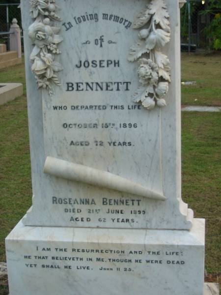 Joseph BENNETT  | 15 Oct 1896  | aged 72  |   | Roseanna BENNETT  | 21 Jun 1899  | aged 62  |   | The Gap Uniting Church, Brisbane  | 