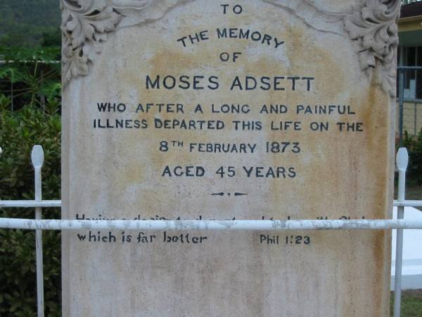 Moses ADSETT  | 8 Feb 1873  | aged 45  |   | The Gap Uniting Church, Brisbane  | 