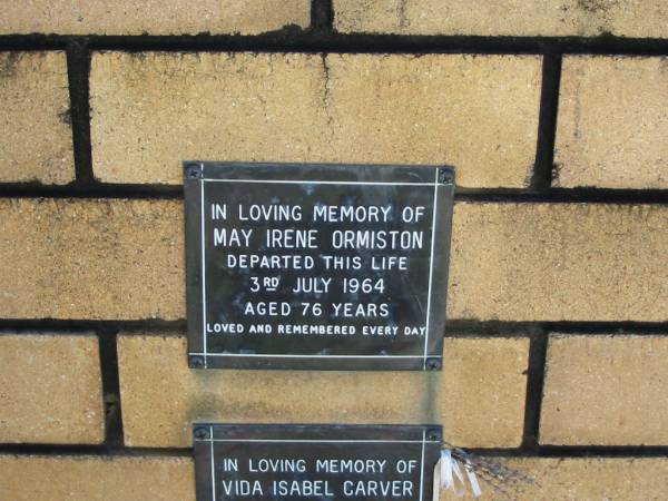 May Irene ORMISTON  | 3 Jul 1964  | aged 76  |   | The Gap Uniting Church, Brisbane  | 