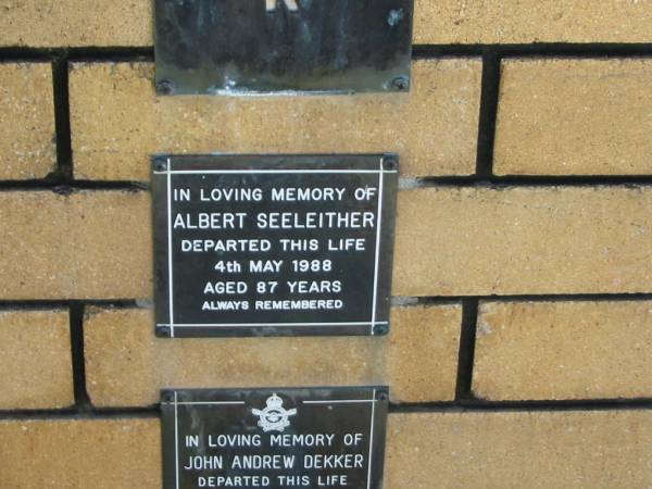 Albert SEELEITHER  | 4 May 1988  | aged 87  |   | The Gap Uniting Church, Brisbane  | 
