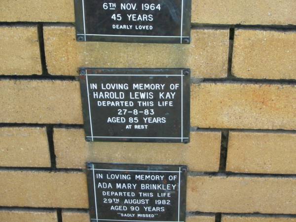 Harold Lewis KAY  | 27 Aug 1983  | aged 85  |   | The Gap Uniting Church, Brisbane  | 