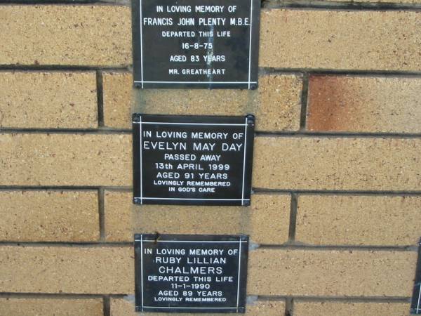 Evelyn May Day  | 13 Apr 1999  | aged 91  |   | The Gap Uniting Church, Brisbane  | 