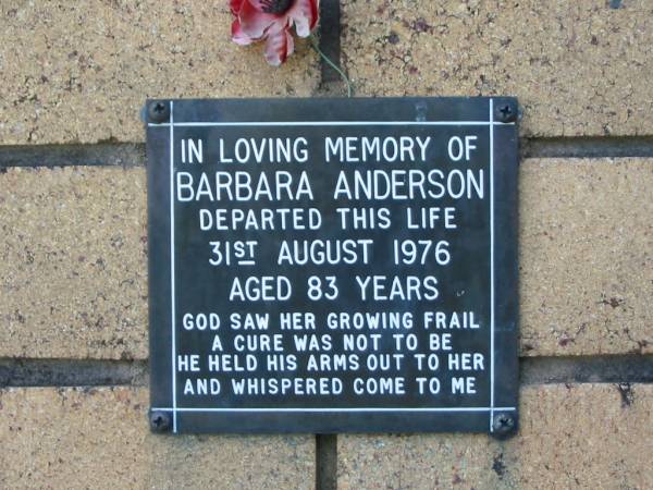 Barbara ANDERSON  | 31 Aug 1976  | aged 83  |   | The Gap Uniting Church, Brisbane  | 