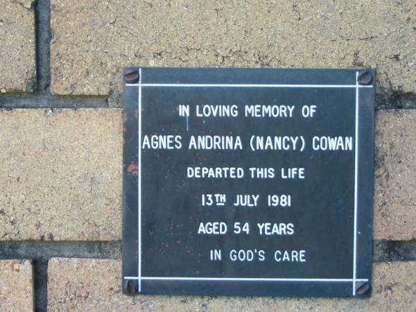 Agnes Andrina (Nancy) COWAN  | 13 Jul 1981  | aged 54  |   | The Gap Uniting Church, Brisbane  | 