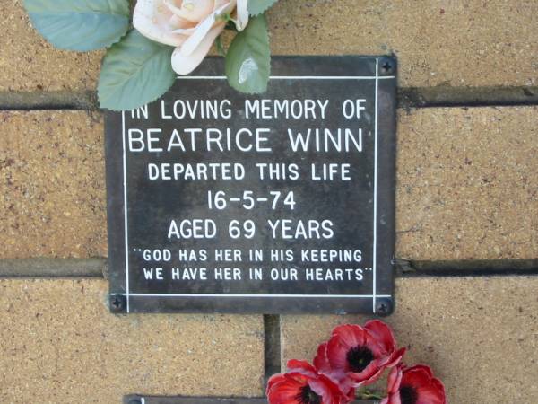 Beatrice WINN  | 16 May 1974  | aged 69  |   | The Gap Uniting Church, Brisbane  | 