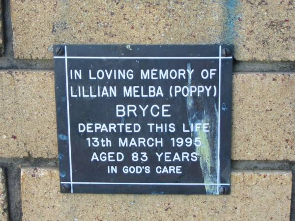 Lillian Melba (Poppy) BRYCE  | 13 Mar 1995  | aged 83  |   | The Gap Uniting Church, Brisbane  | 