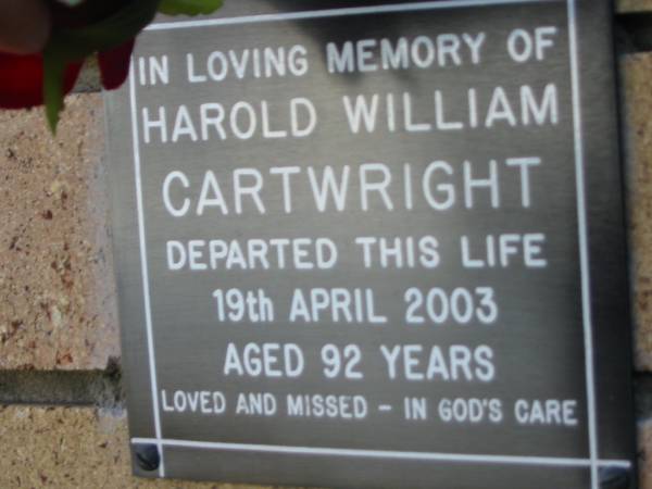 Harold William CARTWRIGHT  | 19 Apr 2003  | aged 92  |   | The Gap Uniting Church, Brisbane  | 