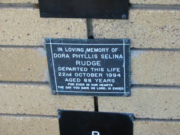 Dora Phyllis Selina RUDGE  | 22 Oct 1994  | aged 88  |   | The Gap Uniting Church, Brisbane  | 