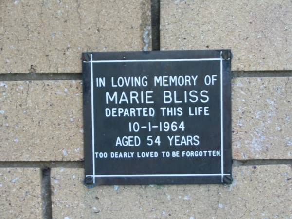 Marie BLISS  | 10 Jan 1964  | aged 54  |   | The Gap Uniting Church, Brisbane  | 