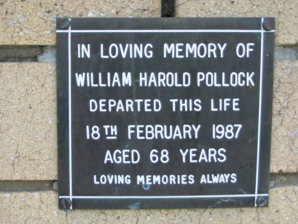 William Harold POLLOCK  | 18 Feb 1987  | aged 68  |   | The Gap Uniting Church, Brisbane  | 