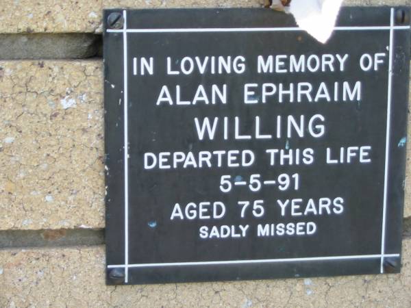 Alan Ephraim WILLING  | 5 May 1991  | aged 75  |   | The Gap Uniting Church, Brisbane  | 