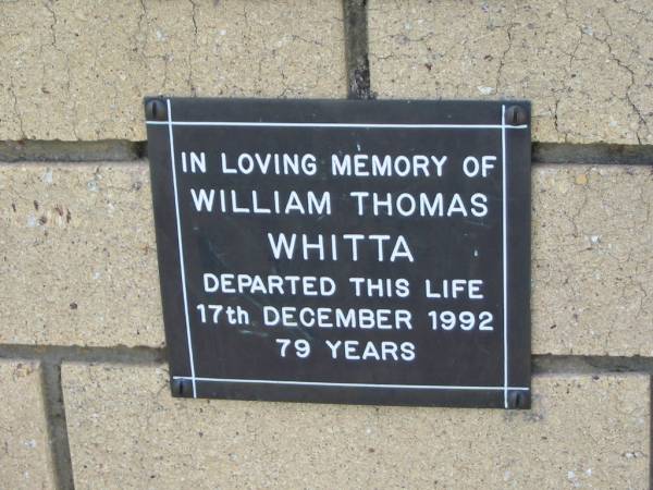 William Thomas WHITTA  | 17 Dec 1992  | aged 79  |   | The Gap Uniting Church, Brisbane  | 