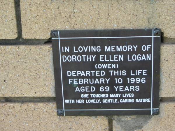 Dorothy Ellen LOGAN (OWEN)  | 10 Feb 1996  | aged 69  |   | The Gap Uniting Church, Brisbane  | 