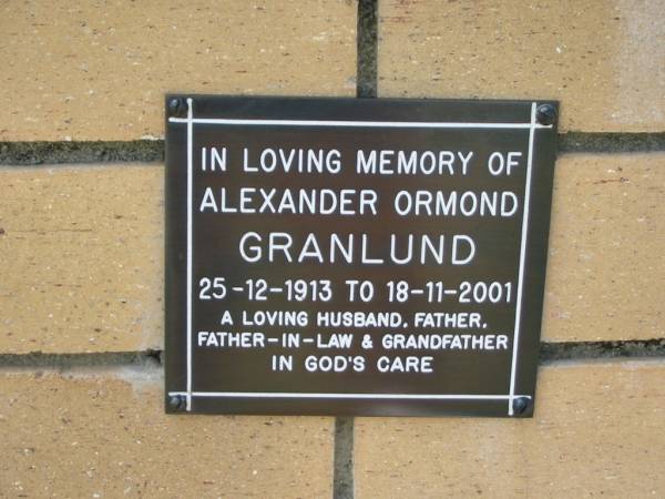 Alexander Ormond GRANLUND  | B: 25 Dec 1913  | D: 18 Nov 2001  |   | The Gap Uniting Church, Brisbane  | 