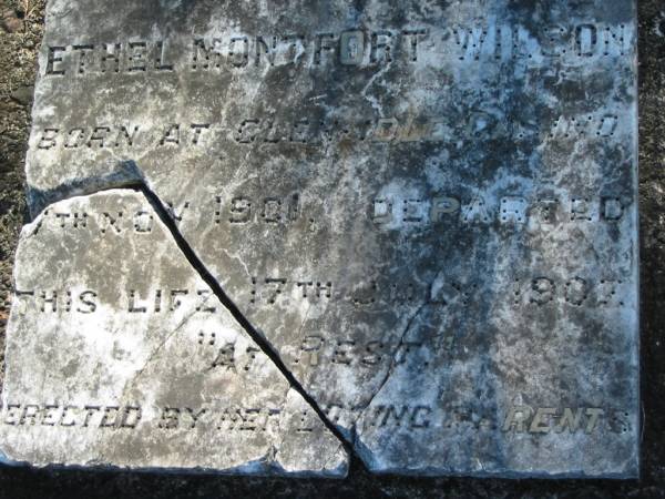 Ethel Montfort WILSON, daughter,  | born Glen?dle Casino 7 Nov 1901  | died 17 July 1907;  | Wilson Family Private Cemetery, The Risk via Kyogle, New South Wales  | 