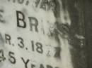 George BRIMS, father, died 3 Mar 1877 aged 45 years; Jane, wife mother, died 6 Mar 1912 aged 72 years; erected by daughters & sons William & James; Tiaro cemetery, Fraser Coast Region 