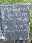 Isaiah TURNER, died 1 Dec 1933; Elizabeth TURNER, died 28 Oct 1959; Edgar TURNER, died 8 Jan 1891; Ethel TURNER, died 26 Feb 1968; Minnie HANSEN, wife, died 30-6-1970 aged 86 years; Alfred Jens (Squire) HANSEN, husband, died 27-10-1984 aged 85 years; Tiaro cemetery, Fraser Coast Region 