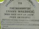 Fanny WALDOCK, died 12 Oct 1874 aged 38 years; William Marriott WALDOCK, born 6-11-1830, died 21-8-1894 horse & dray accident; WALDOCK reunion 20-8-1994; Tiaro cemetery, Fraser Coast Region 