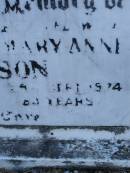 Theo JAMIESON, husband, died 28 Jan 1958 aged 67 years; Maryann JAMIESON, wife died 29 Sept 1974 aged 80 years; Tiaro cemetery, Fraser Coast Region 