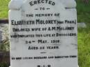 
Elizabeth MOLONEY (nee FRAIL),
wife of A.M. MOLONEY,
died Bundaberg 24 May 1916 aged 32 years,
erected by husband & daughter Gwen;
Tiaro cemetery, Fraser Coast Region
