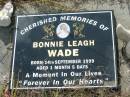 Bonnie Leagh WADE, born 14 Sept 1999 aged 1 month 5 days; Tiaro cemetery, Fraser Coast Region 