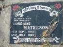 Lorraine MATHESON, wife mother, died 17 Sept 1942 - 12 July 1997; Tiaro cemetery, Fraser Coast Region 