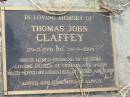Thomas John CLAFFEY, 29-5-1941 - 28-9-2004, husband of Cynthia, father of Sharon & Jason, grandfather of James & Kate; Tiaro cemetery, Fraser Coast Region 