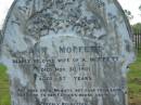 
Ann MOFFETT,
wife of A. MOFFETT,
died 30 Nov 1901 aged 67 years;
Andrew MOFFETT,
husband,
died 11 Oct 1903 aged 79 years;
Tiaro cemetery, Fraser Coast Region
