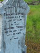 Thomas CORNWELL, died 3 Oct 1916 aged 79 years; Susannah CORNWELL, died 21 June 1937 aged 95 years; Tiaro cemetery, Fraser Coast Region 