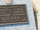 Charlotte Lizzie NEISLER (nee BROWN), 21-8-1887 - 16-12-1946; Carl Adolph (Charlie) NEISLER, 30-3-1883 - 8-11-1962; Tiaro cemetery, Fraser Coast Region 