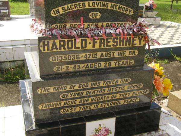 Harold FRESHNEY,  | son brother,  | died 21-2-45 aged 28 years;  | Tiaro cemetery, Fraser Coast Region  | 