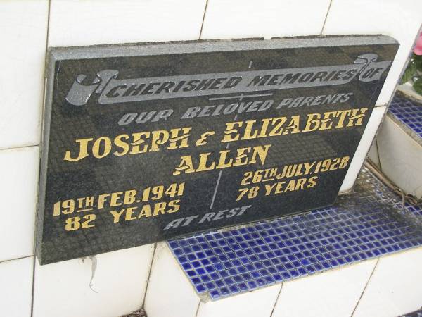 Joseph ALLEN,  | died 19 Feb 1941 aged 82 years;  | Elizabeth ALLEN,  | died 26 July 1928 aged 78 years;  | parents;  | Tiaro cemetery, Fraser Coast Region  | 