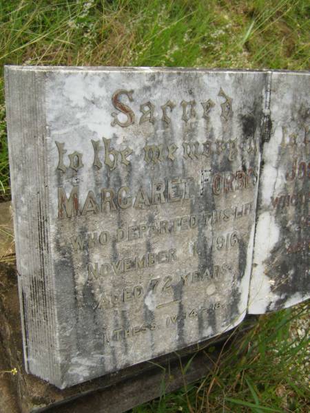 Margaret FORBES,  | died 1 Nov 1916 aged 72 years;  | Joseph FORBES,  | died 4 Oct 1917 aged 69 years;  | Tiaro cemetery, Fraser Coast Region  | 