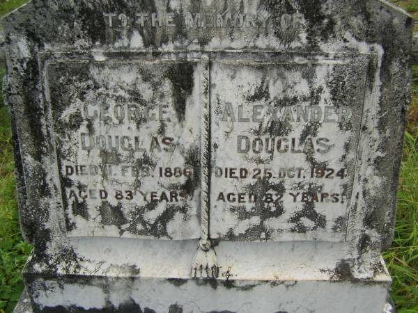 George DOUGLAS,  | died 1 Feb 1886 aged 83 years;  | Alexander DOUGLAS,  | died 25 Oct 1924 aged 82 years;  | Tiaro cemetery, Fraser Coast Region  | 
