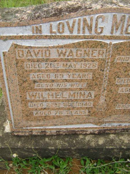 David WAGNER,  | died 21 May 1928 aged 69 years;  | Wilhelmina,  | wife,  | died 22 Oct 1940 aged 76 years;  | Nellie,  | daughter,  | died 6 Feb 1906 aged 17 years;  | Tiaro cemetery, Fraser Coast Region  | 